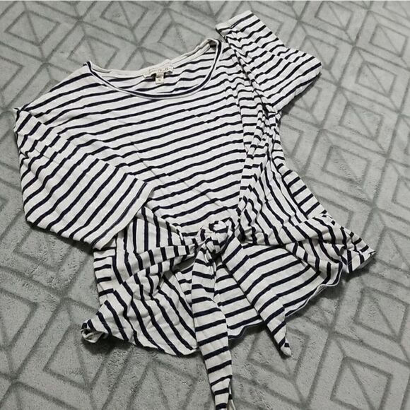 Express Navy Blue & White Striped Crew Neck Sailor Boho Chic Knot Waist Blouse - Picture 2 of 3